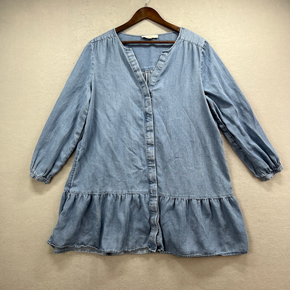 LOFT Tunic Top Womens XL Blue Linen Chambray Ruffle Hem Boho Coastalβ Blouse